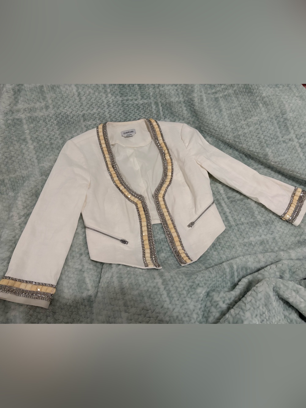 bebe Ivory Embellished Collarless Blazer Short Set